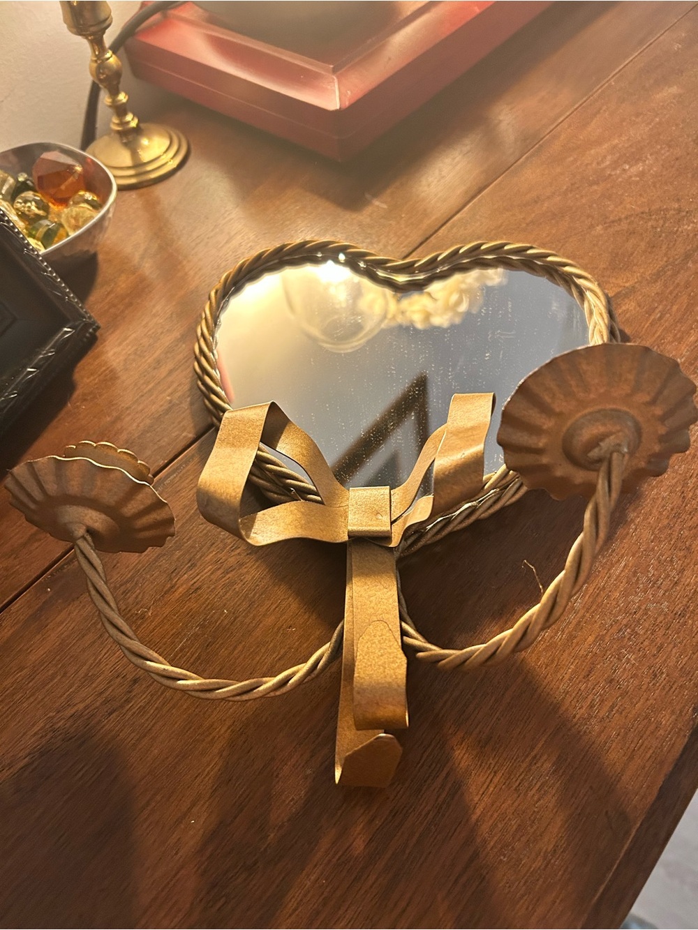 Vintage Brass Heart Sconce Candle Holder with Bow